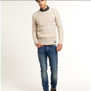 Superdry Orange Label Jacob Knit Cable Knit Tan Cream Crewneck Sweater Medium